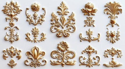 Exquisite Retro Lace and Gilded Decorative Elements: Elegant Swirls and Ornaments in Symmetrical Vector Design for High-Resolution Professional Photos