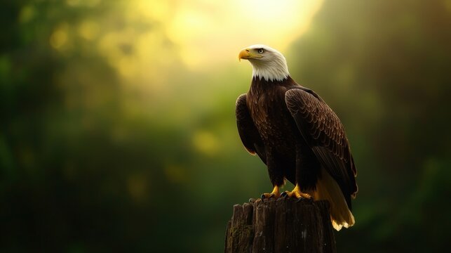 majestic eagle perched on a tree stump in a serene forest setting