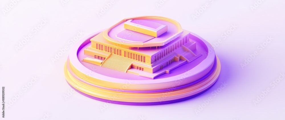 Poster a stylized architectural model with vibrant colors and smooth curves.