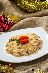 typical brazilian dish ( farofa ), Toasted cassava flour with fried bacon and rising on christmas...