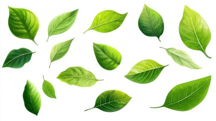 Green leaves on white background, ideal for nature themes. Nature simplicity.