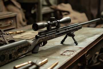 Obraz premium Precision rifle with scope on a rustic workshop table, surrounded by bullet casings, creating a rugged and tactical atmosphere with warm lighting.