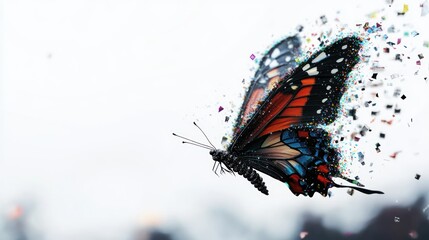 vibrant butterfly appears to burst into colorful particles against a light background.