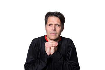 Middle-aged man in cold, blowing his hands, on white background, in casual clothes.