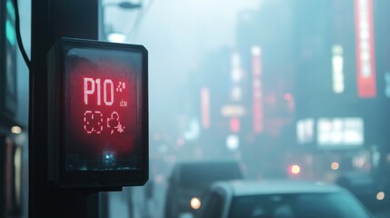 A pedestrian traffic signal displaying a red stop icon against a blurry urban backdrop with neon lights, indicating it's not safe to cross the street.