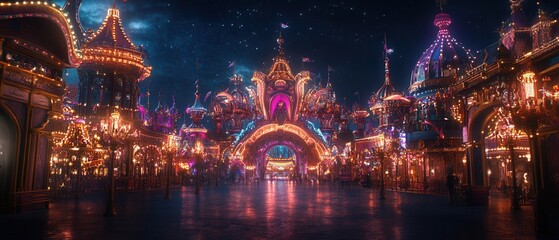 Vibrant carnival night with colorful lights and lively rides attracting visitors at a festive fair