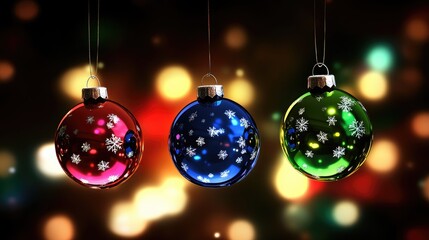 Obraz premium Three vibrant ornaments hang gracefully, reflecting a magical winter ambiance filled with soft bokeh lights. The cheer of the season radiates in every sparkling detail of the scene
