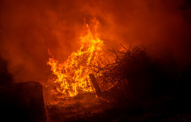 Fire of branches and wood during a demonstration