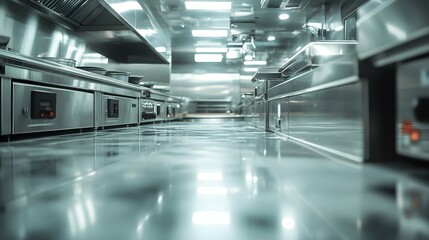 Fototapeta premium Stainless steel professional kitchen with industrial equipment and clean surfaces. Concept: modern cooking, efficiency, hygiene.