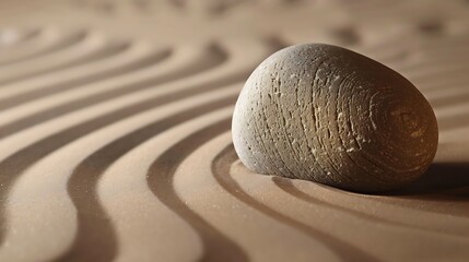 A smooth stone rests on gently rippled sand, creating a serene and tranquil composition.