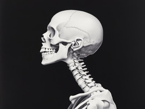 detailed anatomical illustration of a human skeleton in profile view