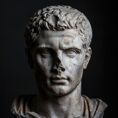 Fototapeta premium Noble Roman statue head on black background.