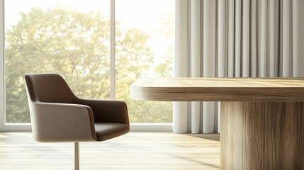 leasing asset valuation concept, A modern dining area featuring a stylish chair and a rustic wooden table, illuminated by natural light streaming through large windows.