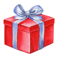 Watercolor festive red gift box decoration isolated, holiday decor illustration, Happy birthday greeting gift  surprise