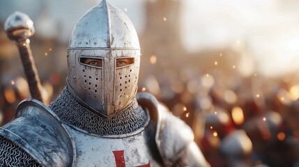 Fototapeta premium Valiant Medieval Knight in Gleaming Armor Wielding Sword and Shield on Battlefield Defending Castle or Fortress During Intense Historical Battle or Conflict