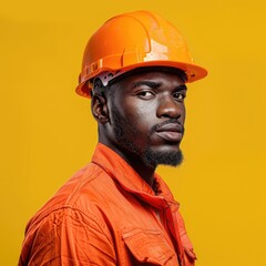 Handsome black construction worker in studio with yellow background.