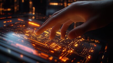 A close-up of a hand reaching out to touch a glowing touchscreen, with abstract technology patterns glowing in the background.