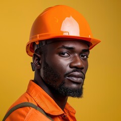 Handsome black construction worker in studio with yellow background.