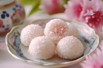 sticky rice taro mochi, Japanese dessert on a tray