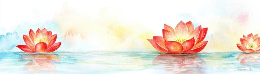 Chinese new year lantern watercolor illustration. Floating red lanterns on a quiet lake, watercolor reflections on water, serene and harmonious New Year moment