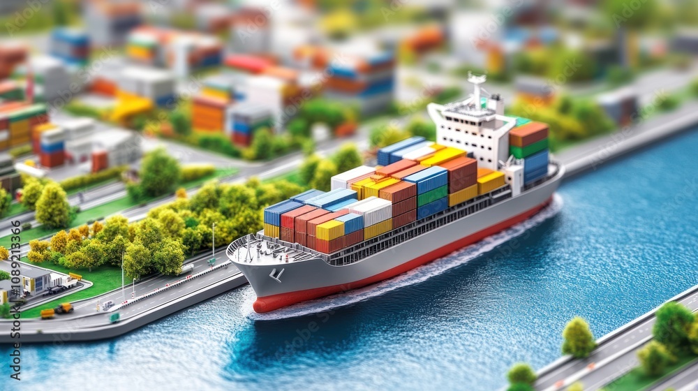 Aufkleber A cargo ship navigates through a canal, surrounded by colorful containers and greenery.