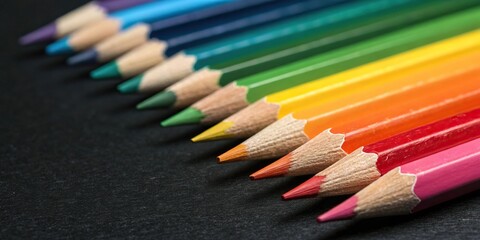 Obraz premium A row of colored pencils on a black background with vibrant hues and sharp edges, colorful, organized, pencil collection, workspace decor, artistic accessories