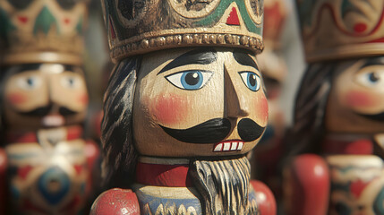 Fototapeta premium Collection of colorful hand-painted nutcracker soldiers on a wooden table