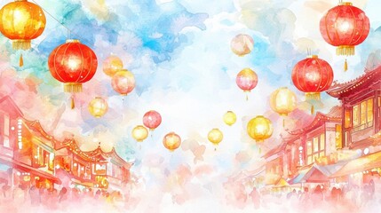 Obraz premium Chinese new year lantern watercolor illustration. Street filled with watercolor lanterns, bustling market below, soft light illuminating festive red and gold hues