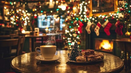 A coffee shop decorated with Christmas lights, a glowing fireplace, and a table with holiday treats and a steaming cup of coffee.