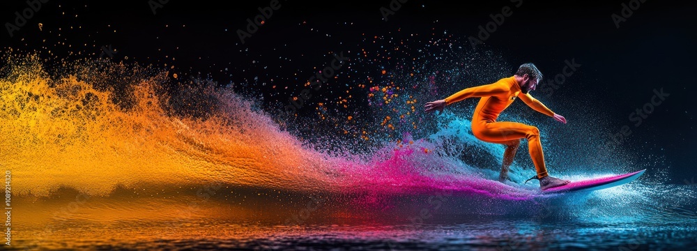 Aufkleber A surfer in a vibrant orange suit rides a colorful wave, creating a dynamic visual effect.