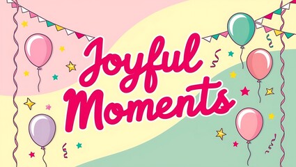 Pastel-colored banner with "Joyful Moments" text, balloons, confetti, and bunting.