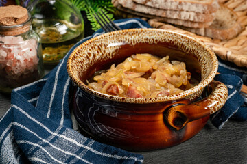 Stewed onion with sausage.