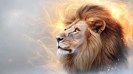 Fototapeta premium In the image, a fearsome lion is depicted gazing intensely into the distance, surrounded by swirling flames that illuminate its majestic mane and fierce expression.