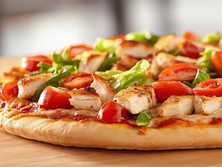 delicious pizza topped with grilled chicken, fresh tomatoes, and greens