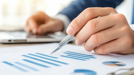 leasing asset valuation concept, A business professional analyzes data on paper, holding a pen and using a laptop in a well-lit office setting.
