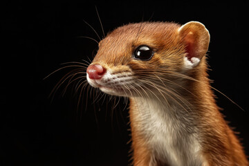 Close-up of a curious weasel against a dark backdrop, showcasing its alert expression and detailed fur.
