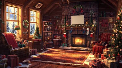 Naklejka premium A cozy Christmas scene with a blank card among holiday decor, inviting personalized messages.