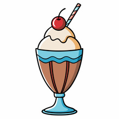 Delicious ice cream sundae with cherry and straw in graphic style