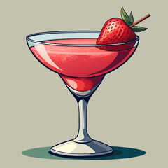 Strawberry daiquiri with thin black outline and strawberry garnish