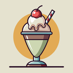 Delicious ice cream sundae with cherry on top and straw