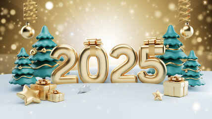 Golden 3D 2025 text with Christmas trees and elements in snowy landscape. Happy New Year, festive Christmas banner concept. 