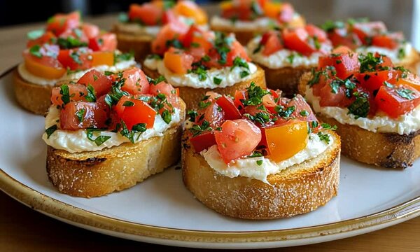 Delicious bruschetta topped with fresh tomatoes and herbs.