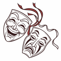 Two theater masks representing joy and sadness in an artistic design
