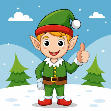 Happy elf giving a thumbs up with snow and trees in the background