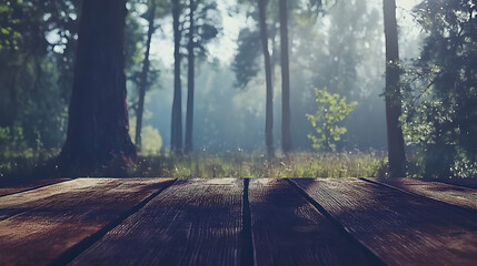 Obraz premium Serene forest scene with a rustic wooden table in the foreground, perfect for product placement or nature-themed designs.