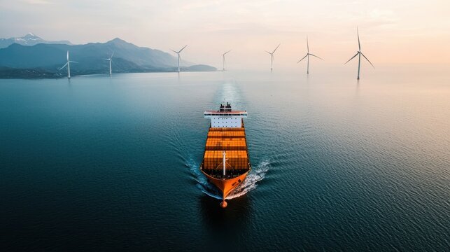 Hybrid-powered cargo vessel unloading at a pristine coastal port global shipping scene tranquil environment aerial view maritime innovation