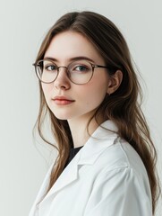 Portrait of a scientist, wearing a lab coat with glasses, light and natural makeup, focused and intelligent expression, white background