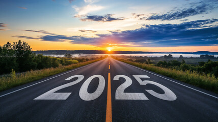 2025 written in middle of road with natural environment and sunset or sunrise. New year path, goals, targets concept. 