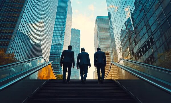 Three businesspeople ascending stairs in a modern urban setting.
