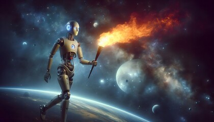 Fototapeta premium artificial intelligence robot torch flame cosmic space exploration humanity future